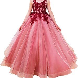 Luxury Burgundy Ball Gown Pageant Dresses for Girls Long Flower Puffy Tulle Prom